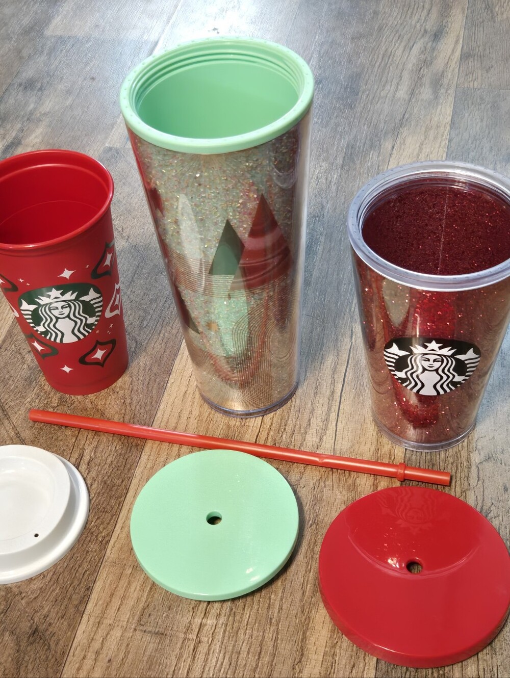 Starbucks Red and Mint Green Glitter Tumbler Trio
